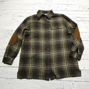 Evan Picone Shirt Womens Medium Green Brown Plaid Wool Blend Elbow Patch Flannel